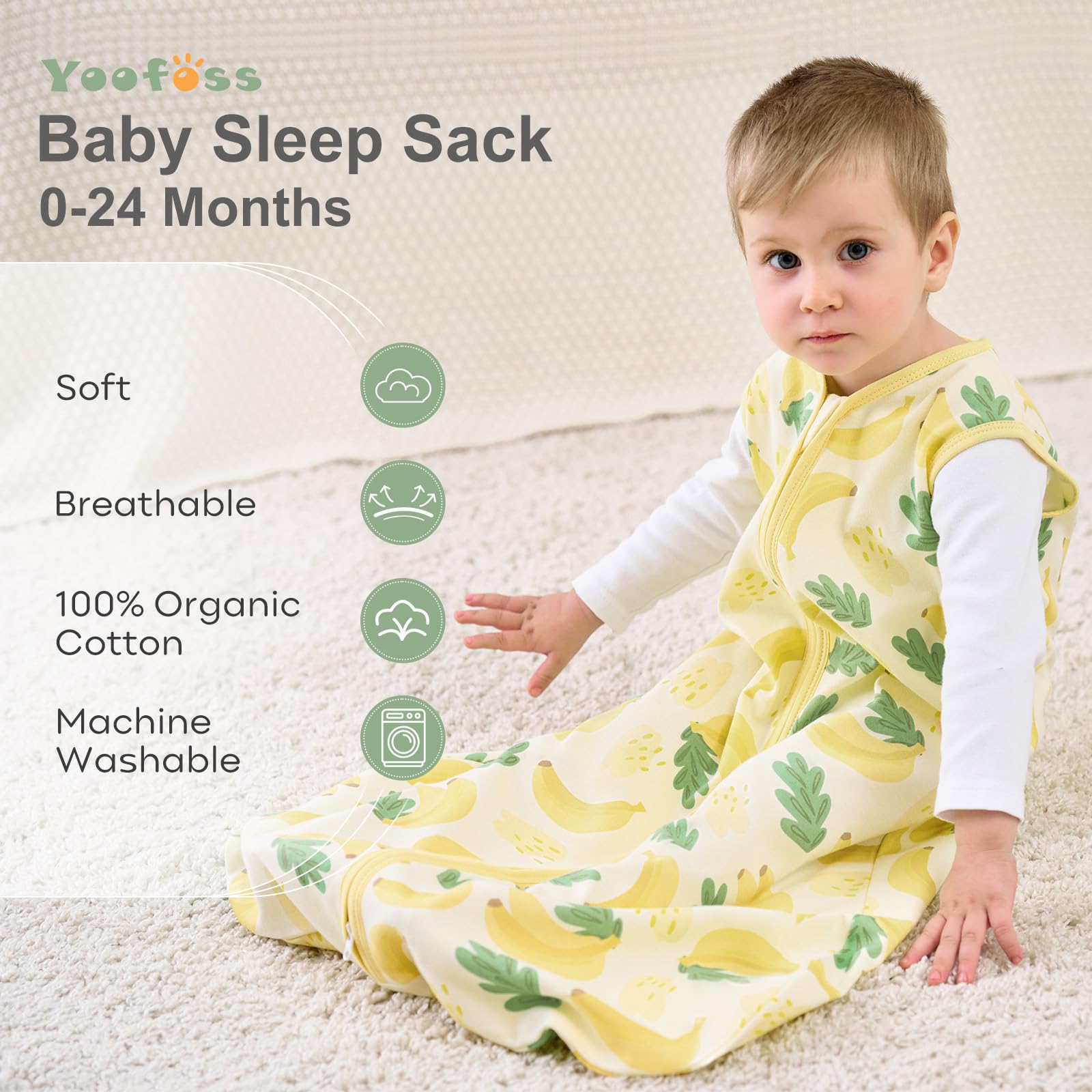 Yoofoss sleep sack zipper close-up highlights safe two-way zipper for easy night changes.