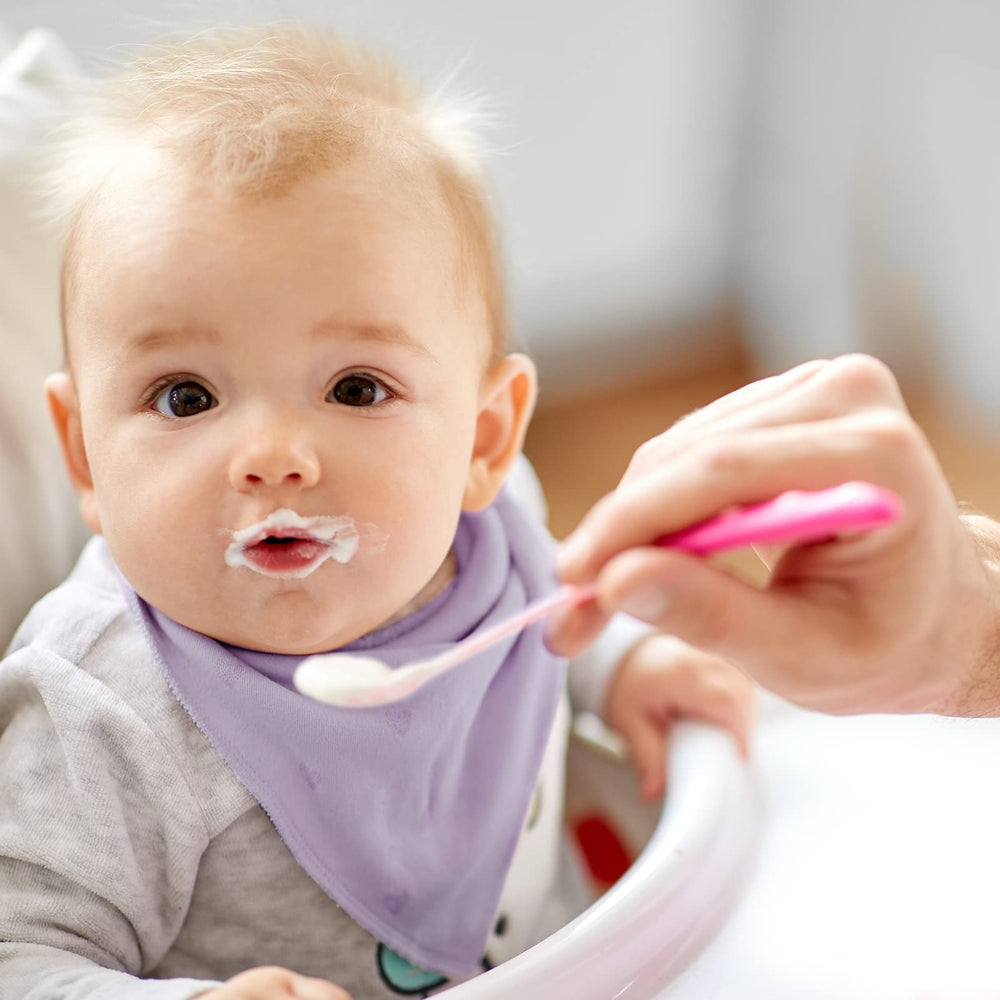 Yoofoss teething baby drool bibs shown in active use during meals.