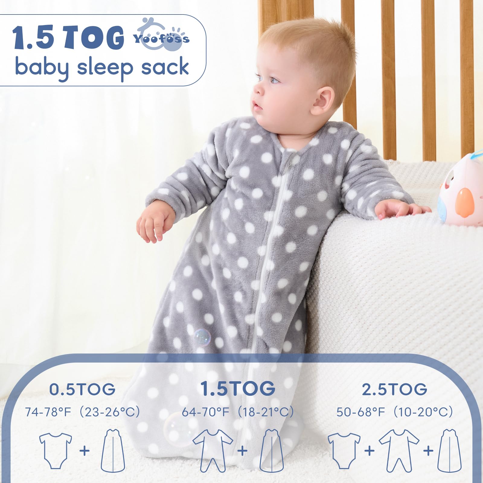 Yoofoss two-way-zipper sleep sack enables easy changes.