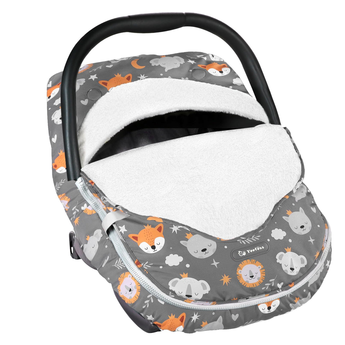 Yoofoss winter car seat cover with closed flap provides warm, weather-resistant protection for baby.