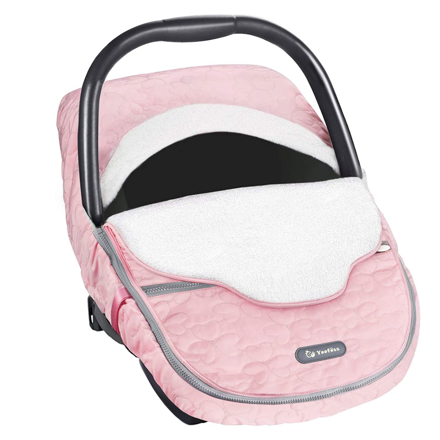 Yoofoss winter car seat cover front view shows cozy pink fleece warmth