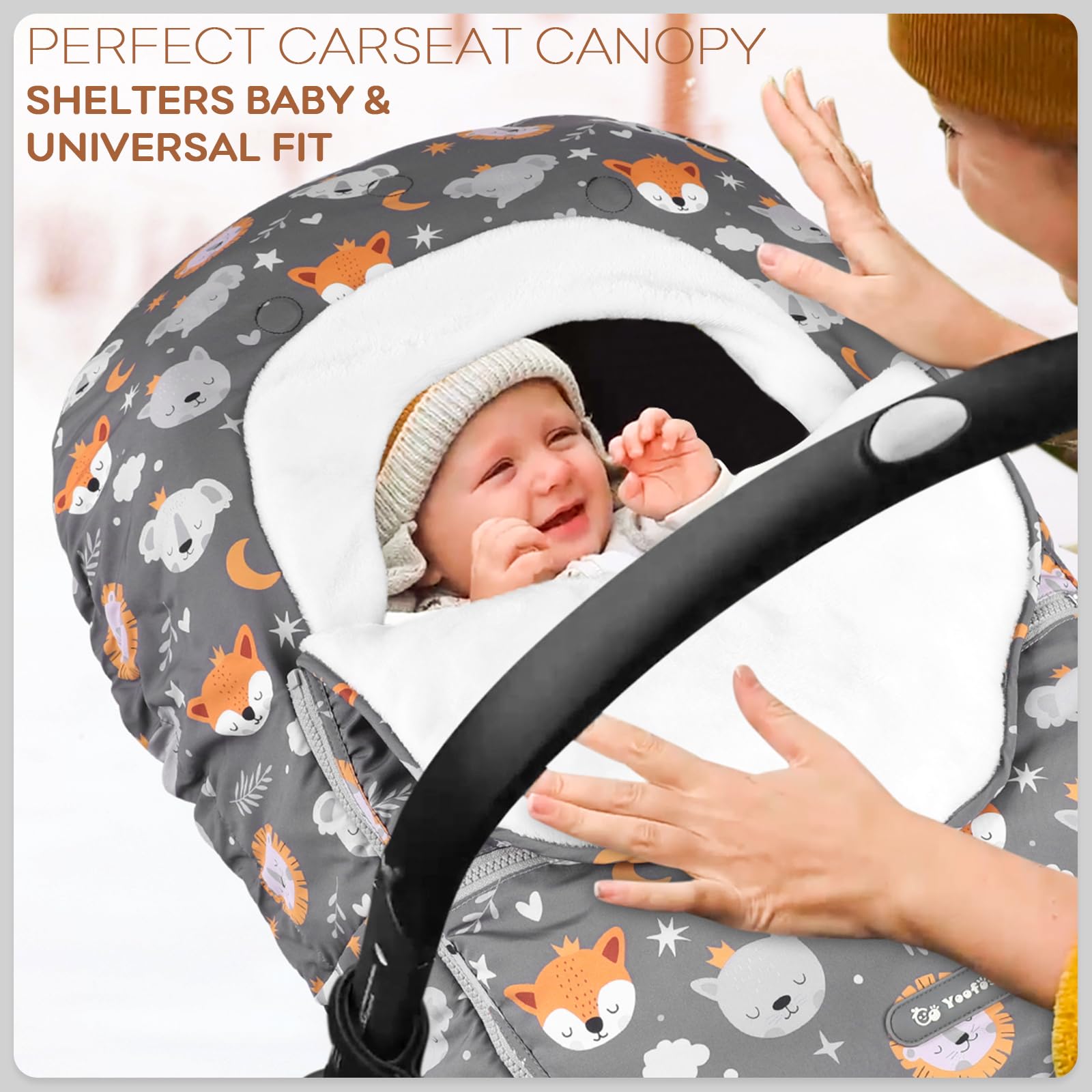 Yoofoss winter car seat cover with rolling-top design enables quick temperature adjustments.