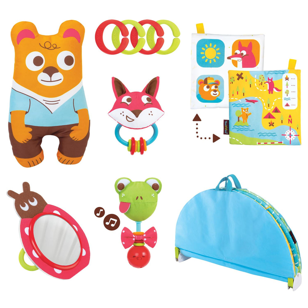 Yookidoo Baby Gym Play 'N’ Nap fox rattle with beads for grasping.