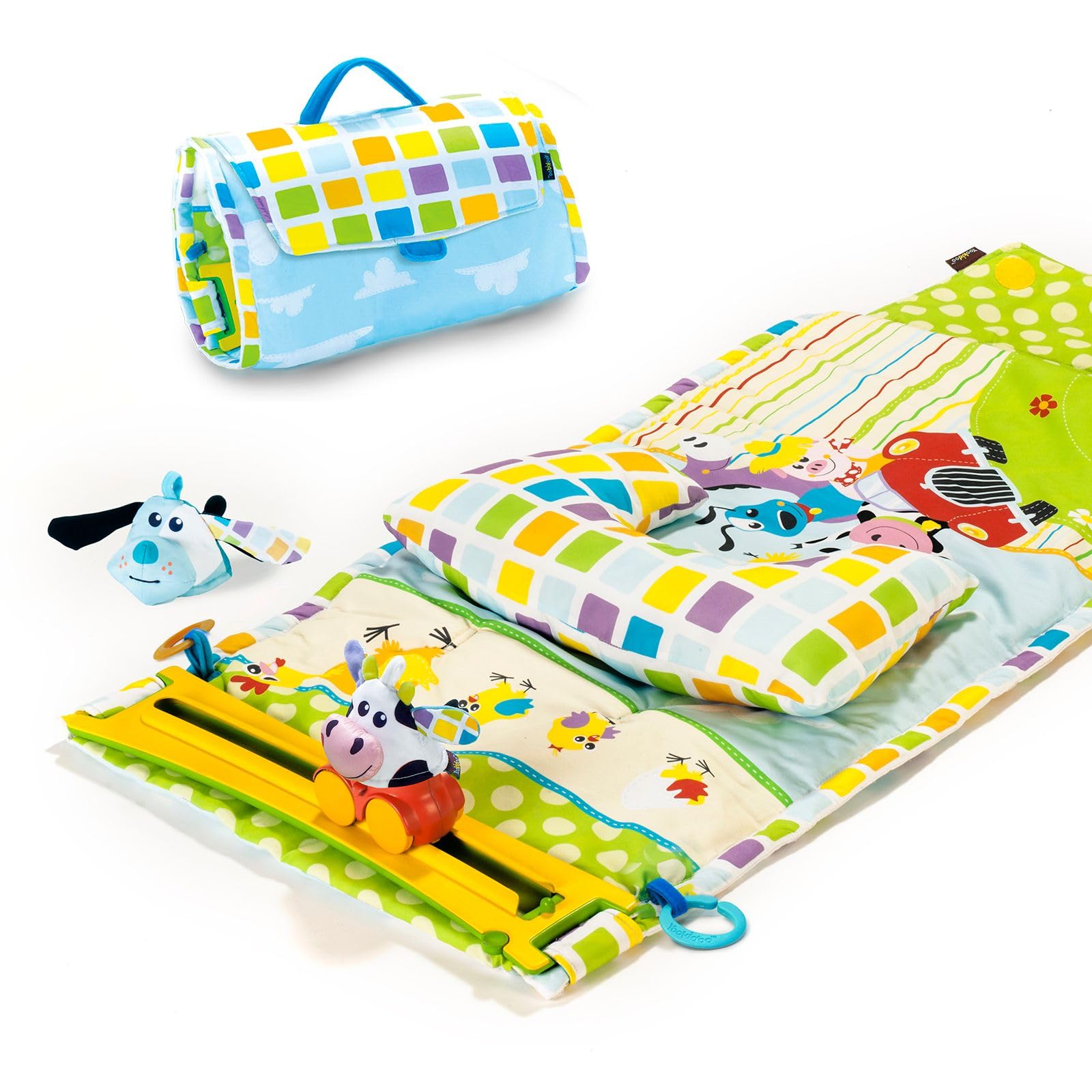 Yookidoo tummy-time pillow for enhanced comfort and neck strength during playtime.