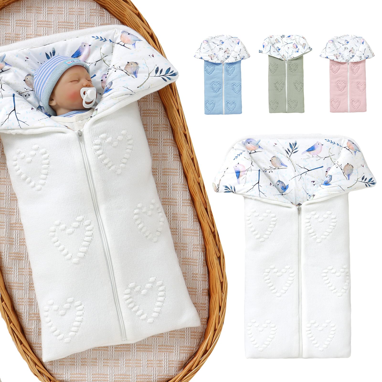 Yoolhamy Baby Swaddle heart-dots white closeup shows cozy newborn warmth.