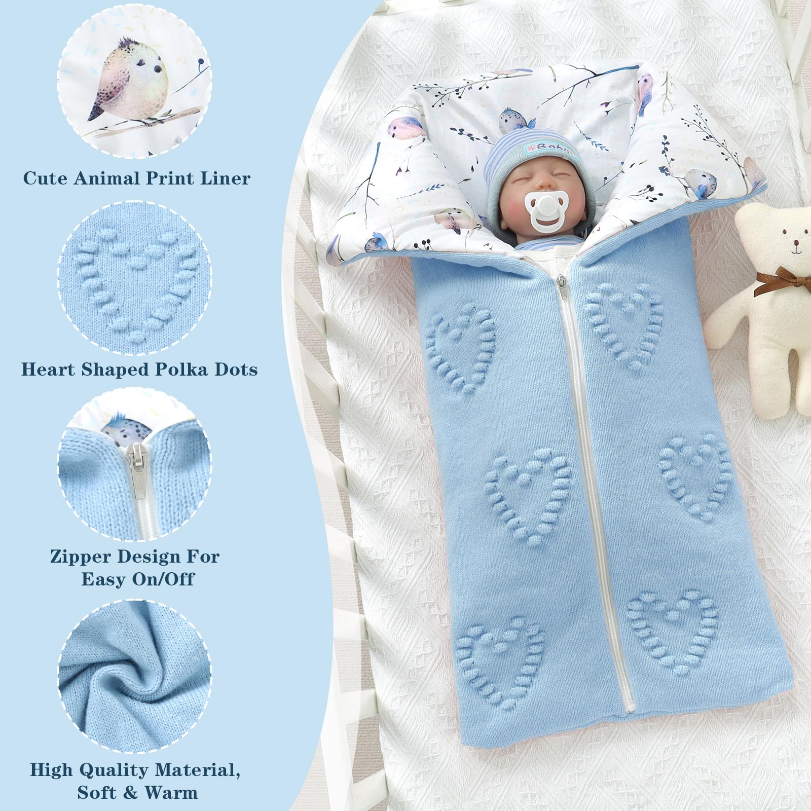 Heart dots blue Yoolhamy swaddle for soothing snug comfort