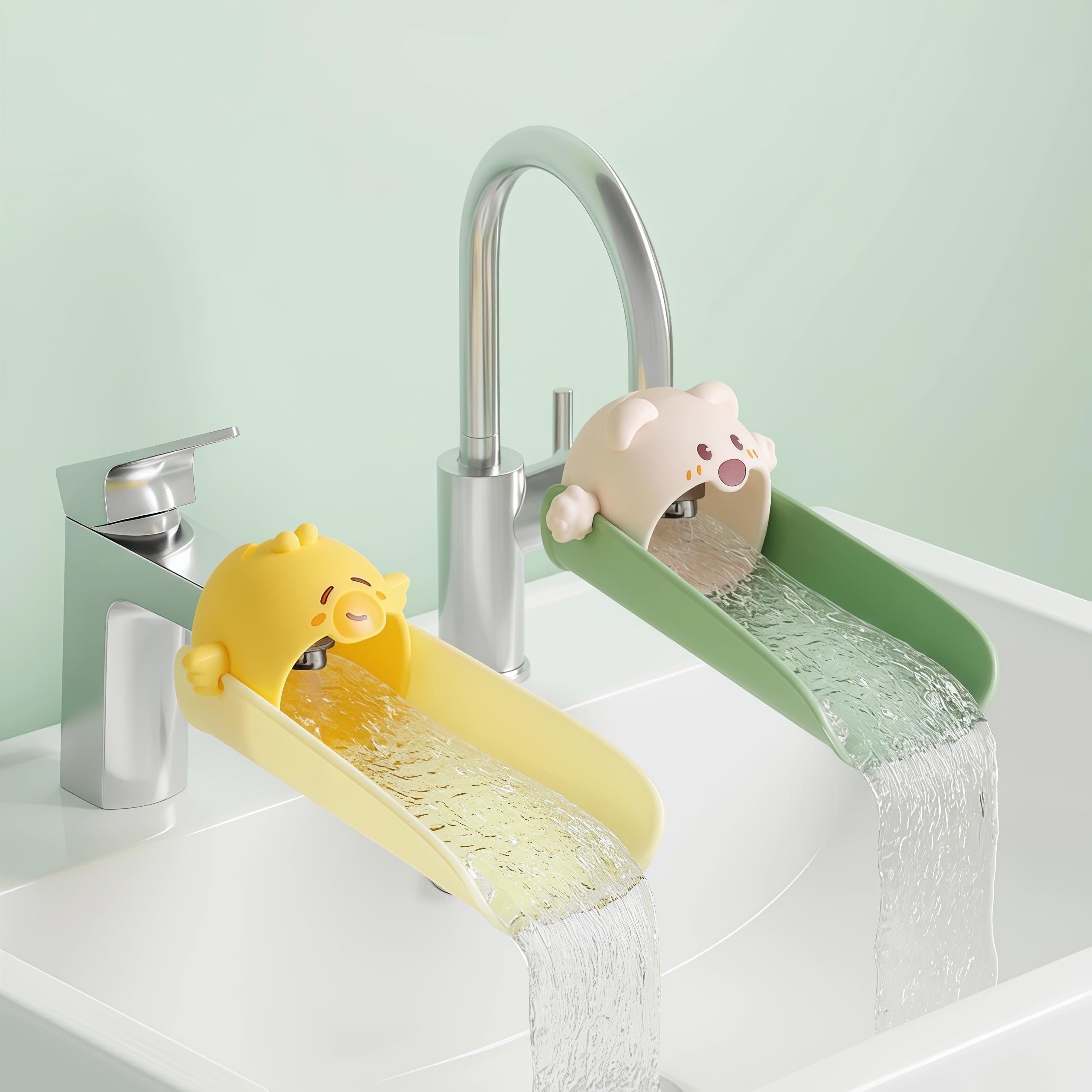 Yooreps faucet extender yellow side view helps kids wash hands independently.