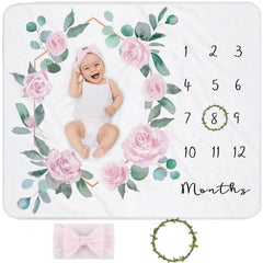 Yoothy milestone blanket with floral wreath enables monthly growth photo sessions