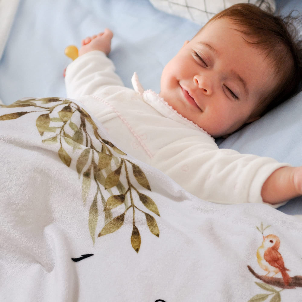 Yoothy Woodland milestone blanket used as photo prop, swaddle, and play mat