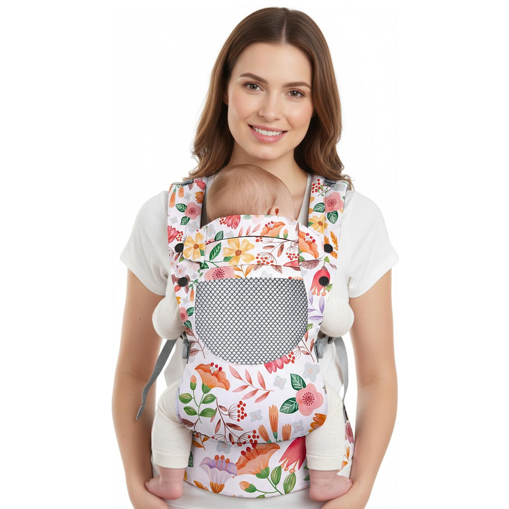 YooxArmor infant front carrier demonstrates ergonomic design for lumbar comfort during long walks