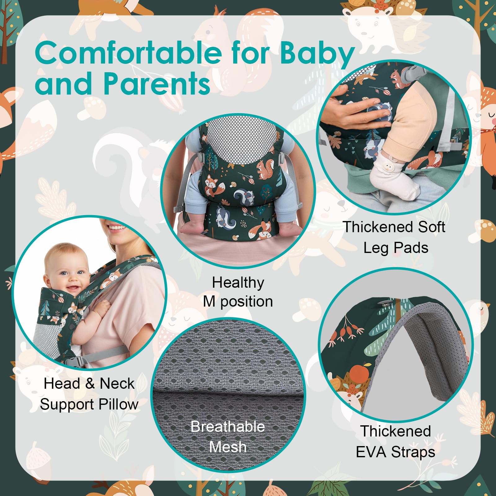 YooxArmor infant front carrier head-support pad demonstrates gentle head stability for tiny travelers.
