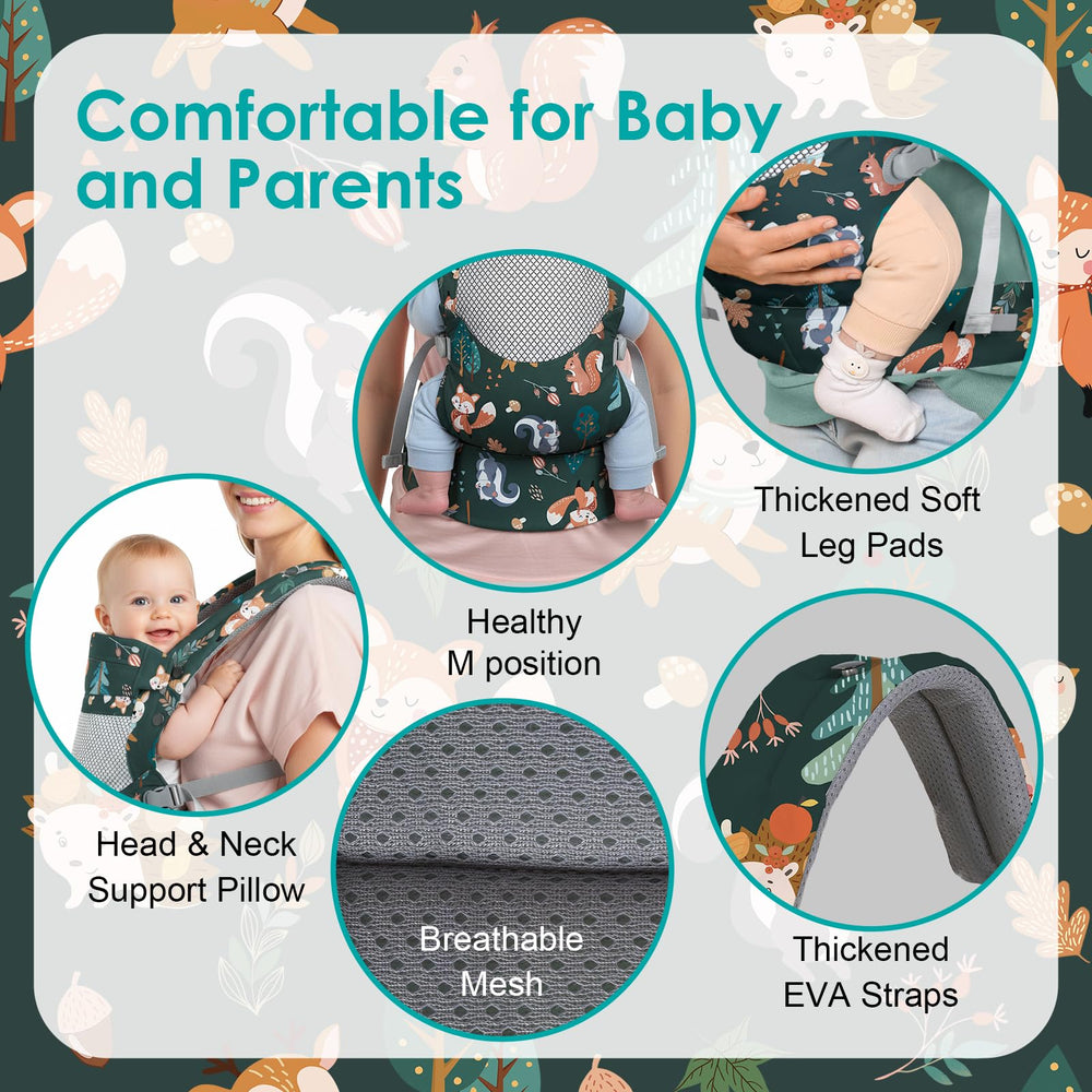 YooxArmor infant front carrier head-support pad demonstrates gentle head stability for tiny travelers.