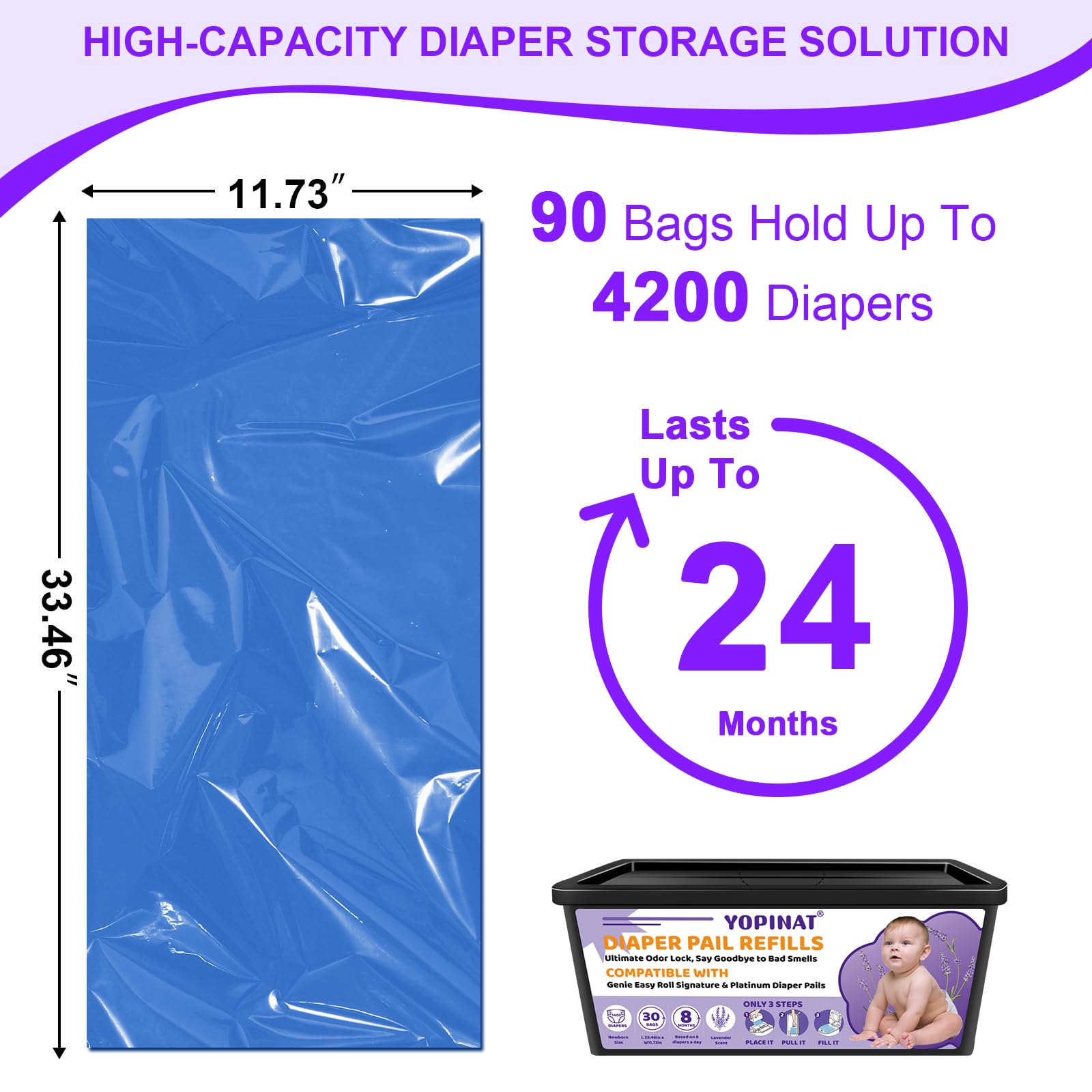 Yopinat 90 refills total shown for long-lasting diaper pail solution