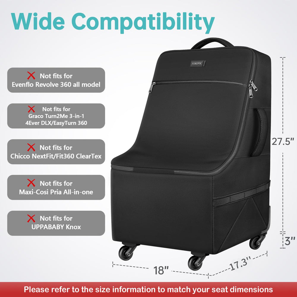 YOREPEK bag dimensions show 18x17.3x27.5 fits most seats
