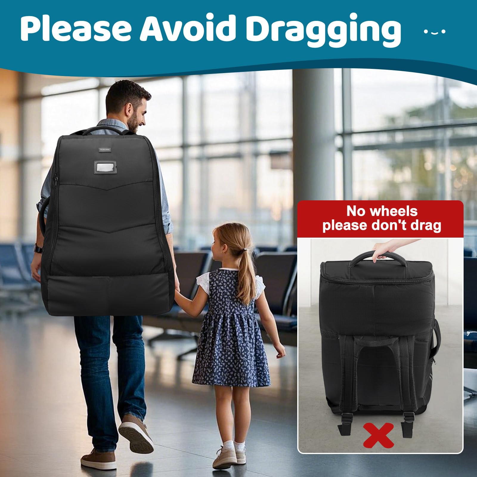 YOREPEK car seat bag adjustable padded backpack straps for hands-free transport.