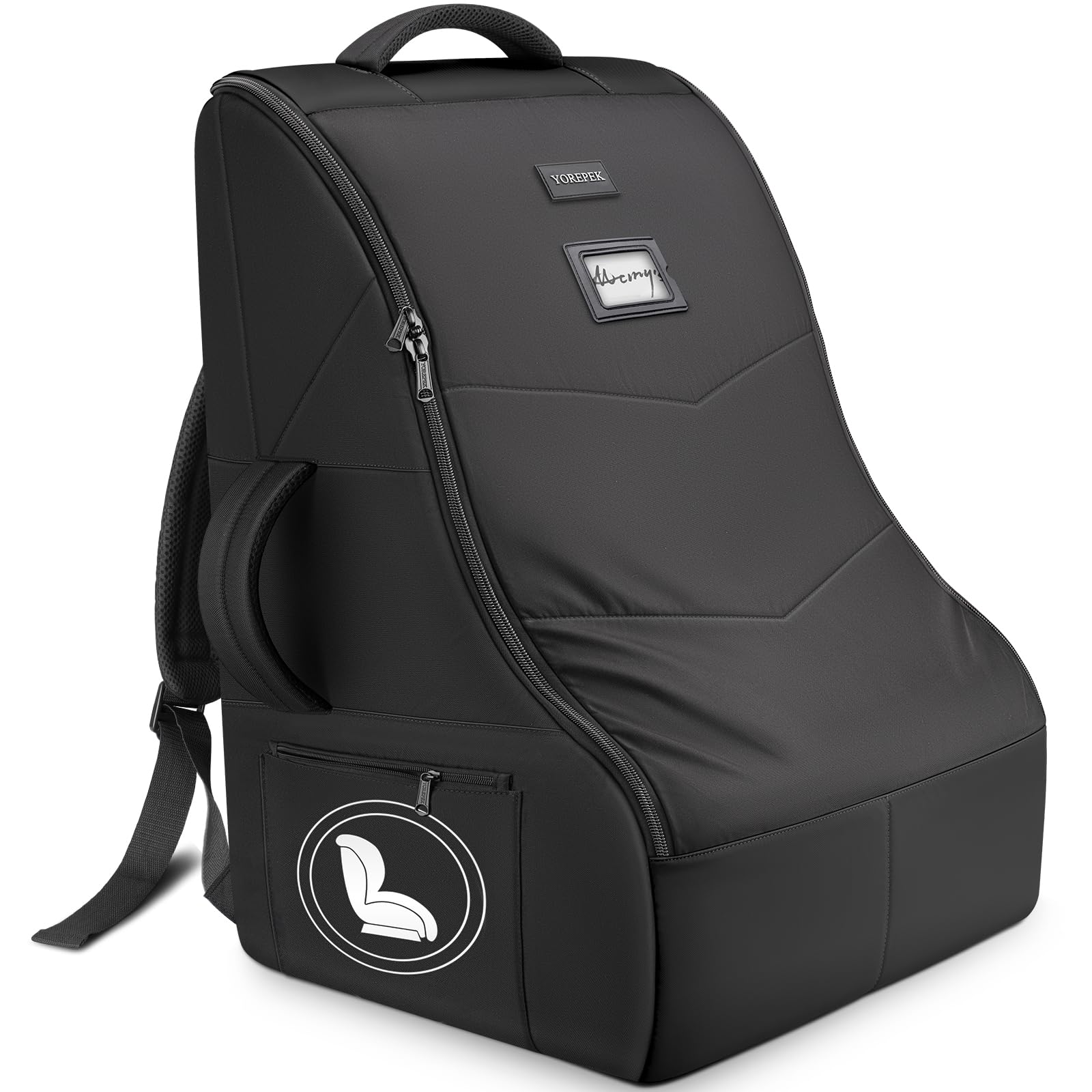 YOREPEK car seat bag with travel dimensions to help verify seat fit for air travel.