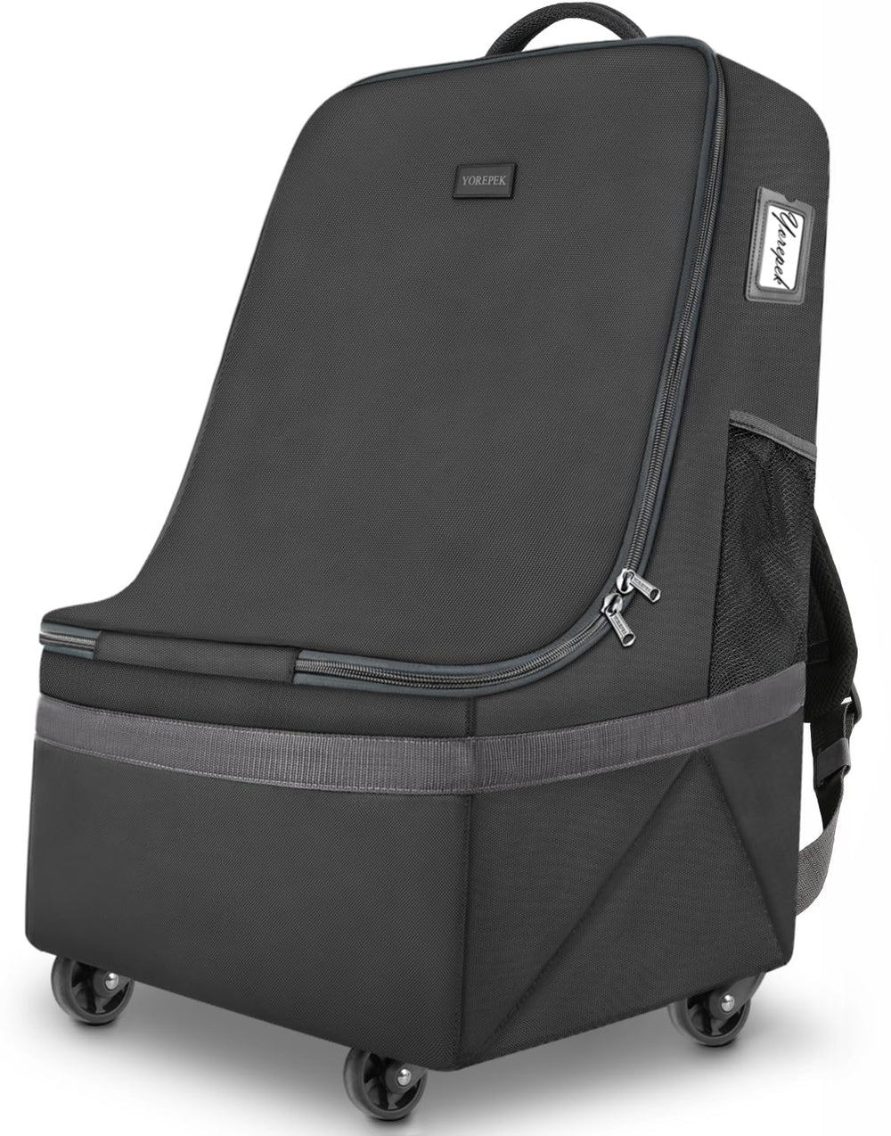 YOREPEK car seat travel bag with wheels for smooth airport rolling and protection.