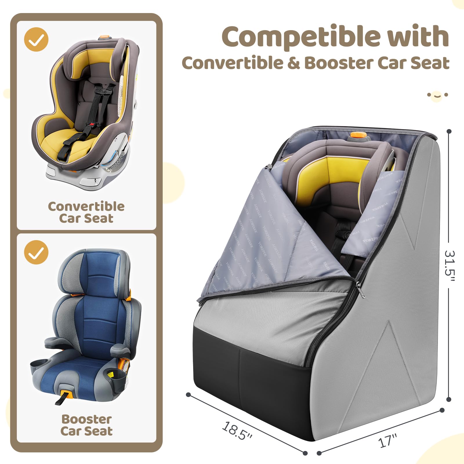 YOREPEK carseat backpack straps adjusted for comfortable hands-free airport transport.