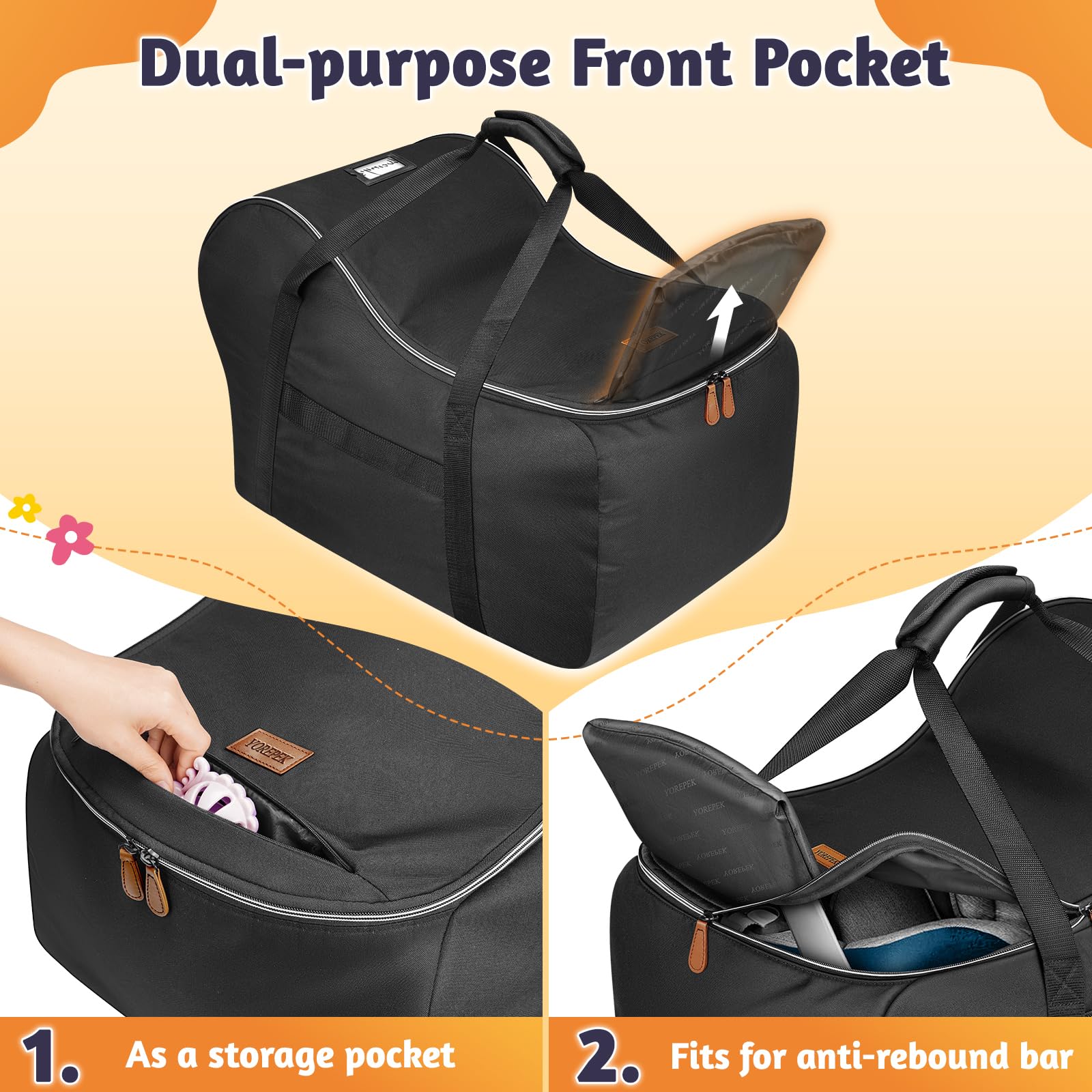 YOREPEK car seat travel bag front pocket stores travel essentials for toddlers during flights.
