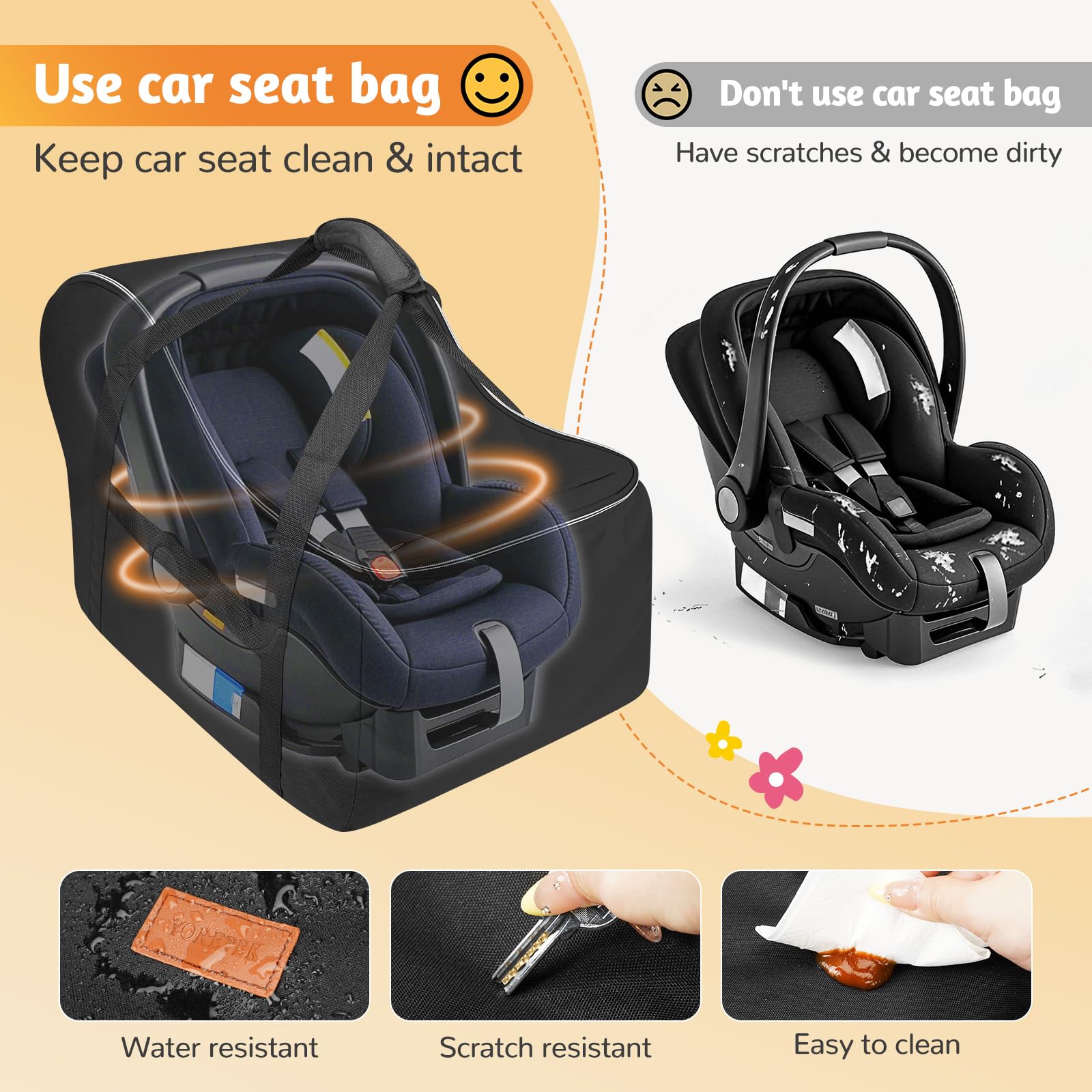 YOREPEK car seat travel bag uses heavy-duty water-resistant fabric to guard against spills.
