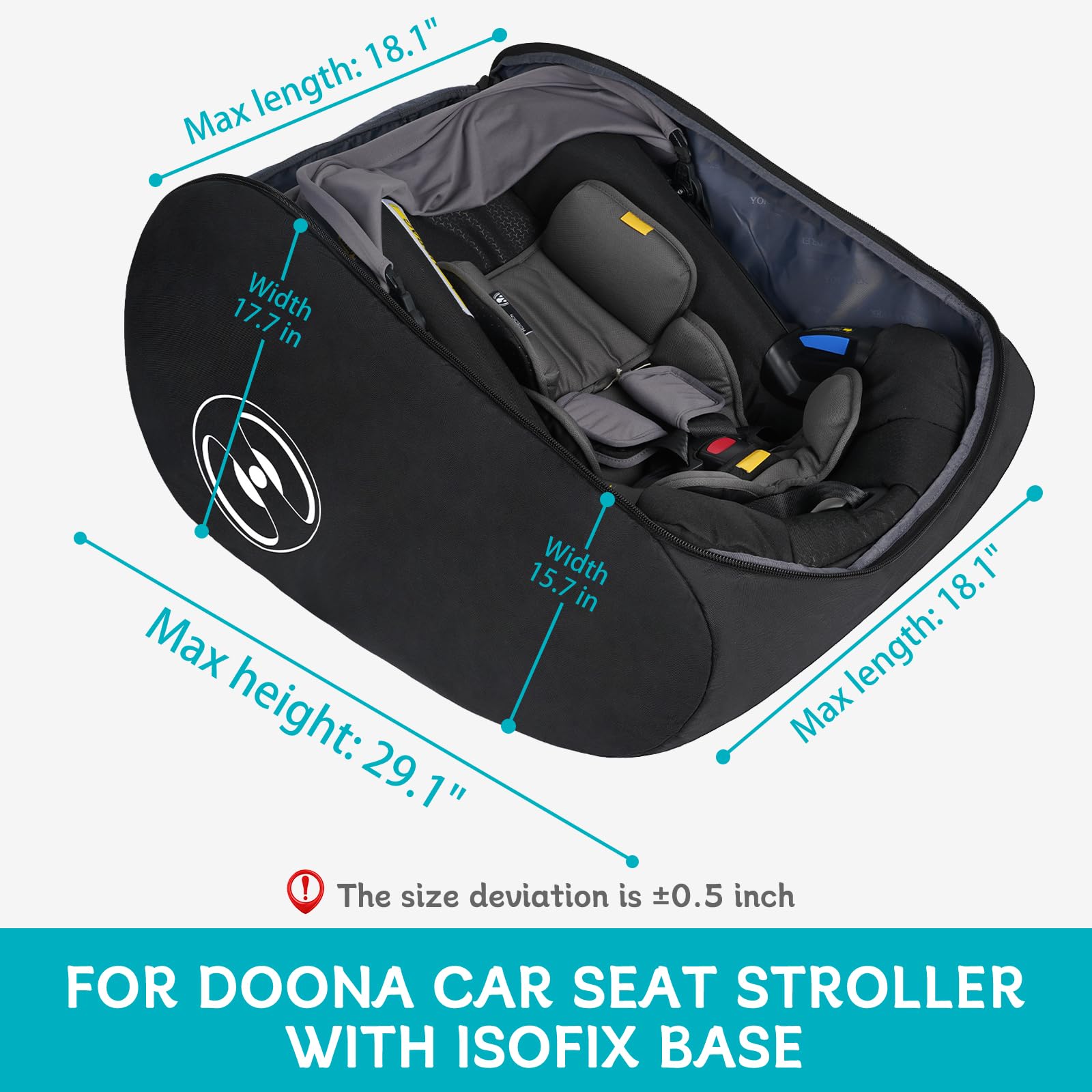 YOREPEK padded car seat travel bag isofix-base-fit demonstrates Doona compatibility for travel.