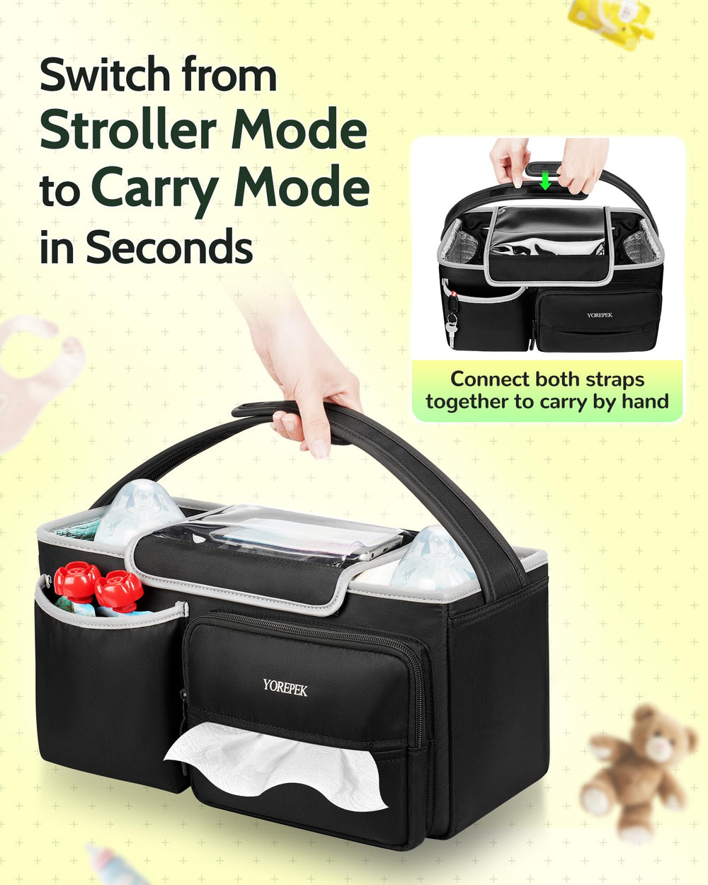 YOREPEK handheld conversion lets you carry the caddy when the stroller is folded.