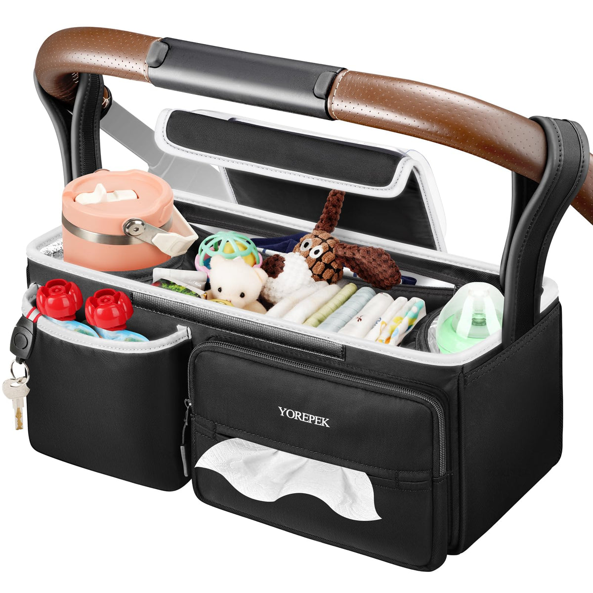 YOREPEK Spacious Stroller Caddy main compartment stores diaper and toy essentials for easy access.