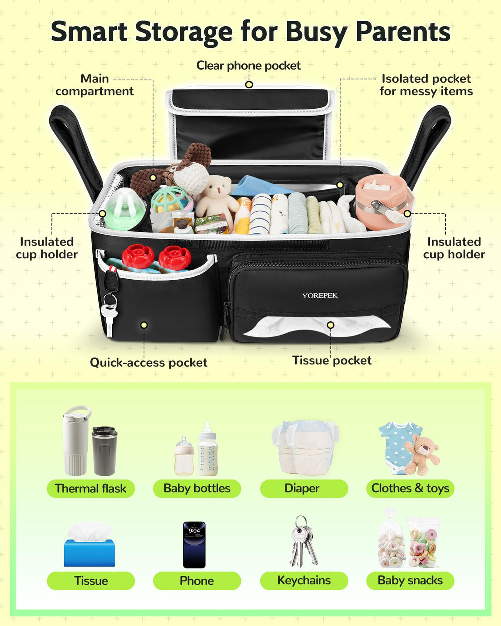 YOREPEK wipes pocket provides quick cleanup access on the go.