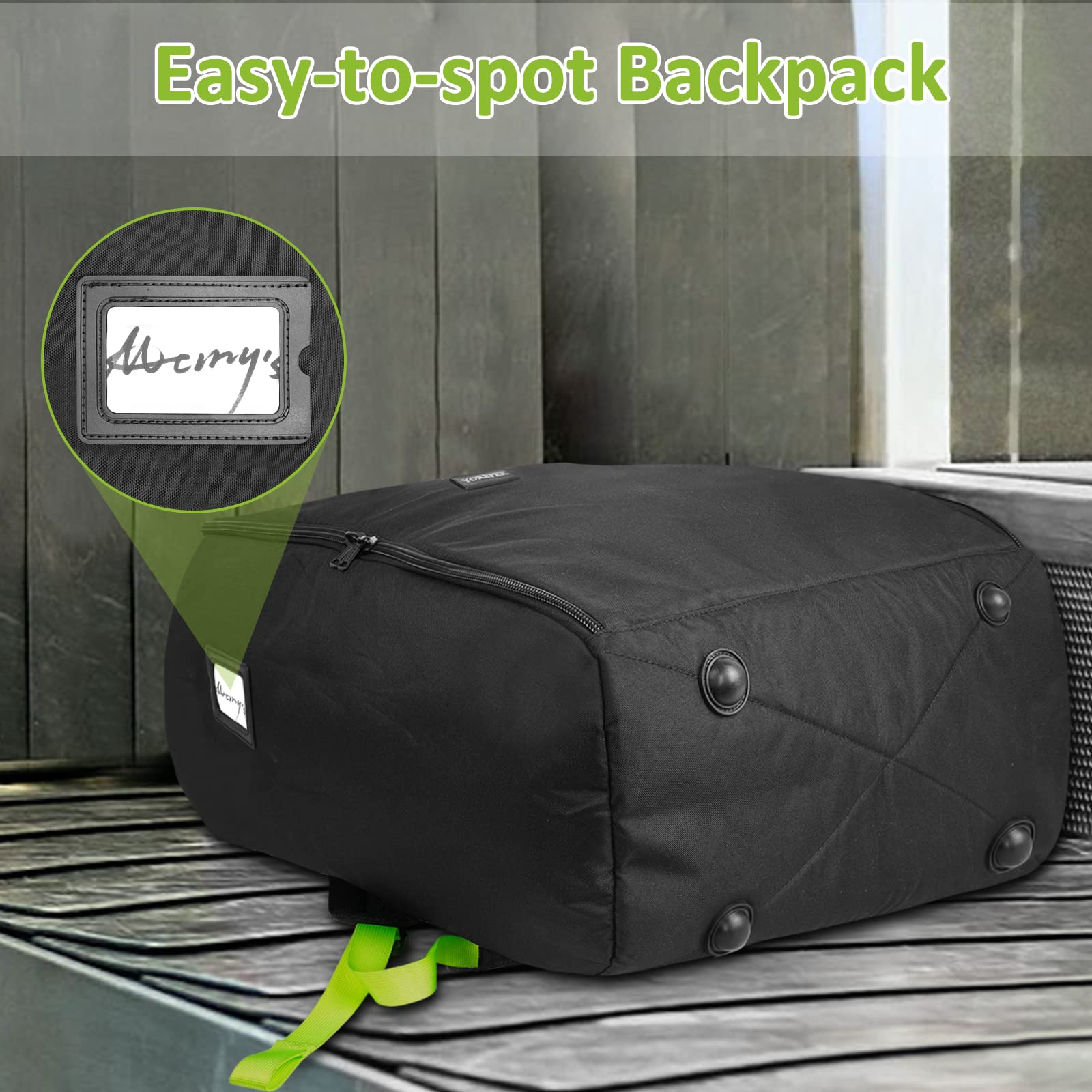 YOREPEK vibrant green accents on black improve bag visibility at the airport