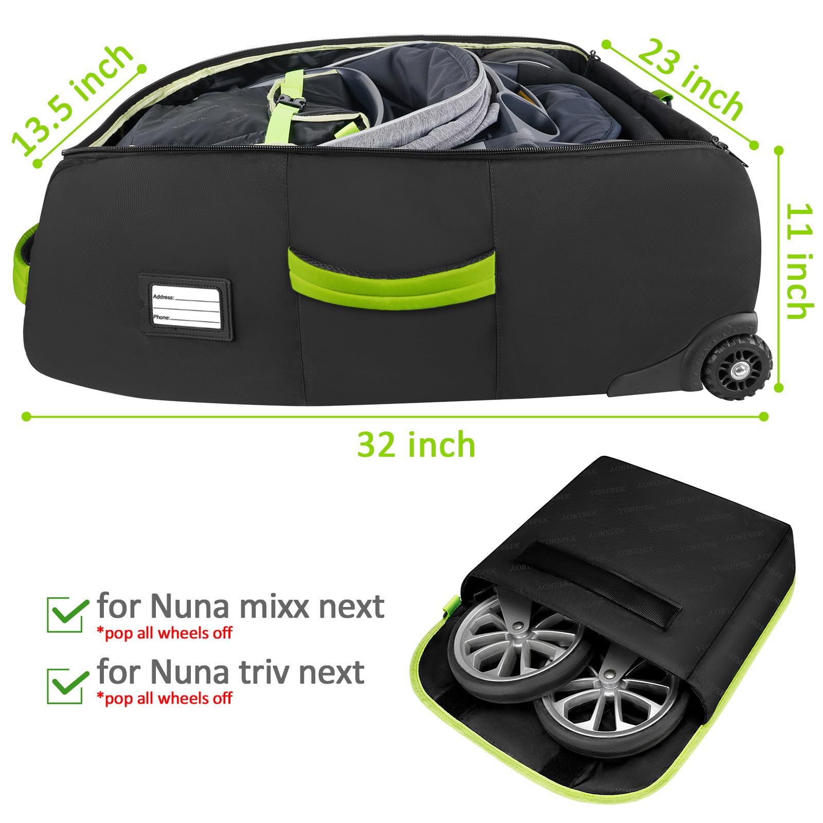 YOREPEK stroller bag shows water-resistant material protecting gear during trips.