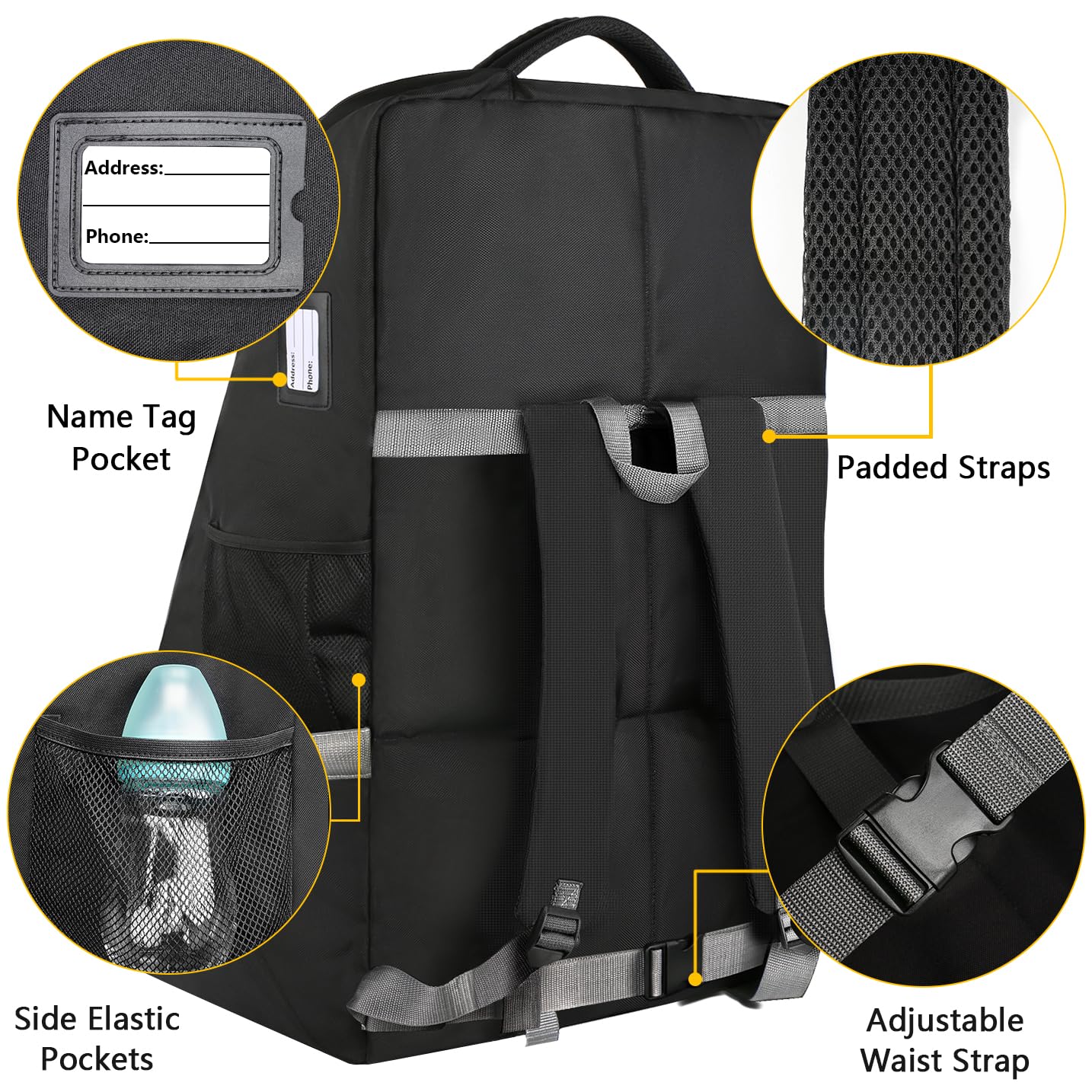 YOREPEK travel bag interior with securing strap keeps seat in place.