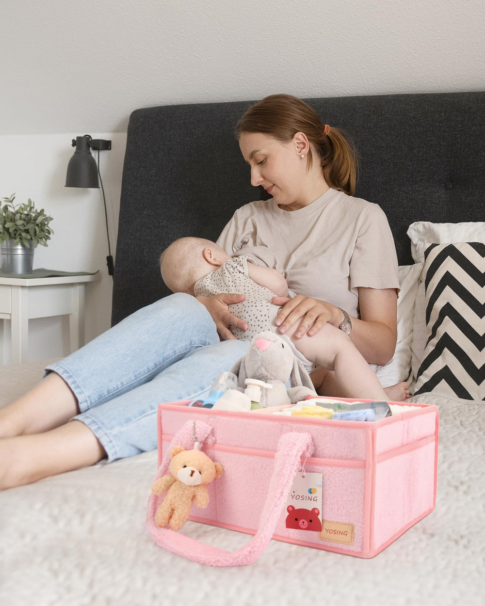YOSING Diaper Caddy includes a distraction teddy bear to entertain baby during changes.