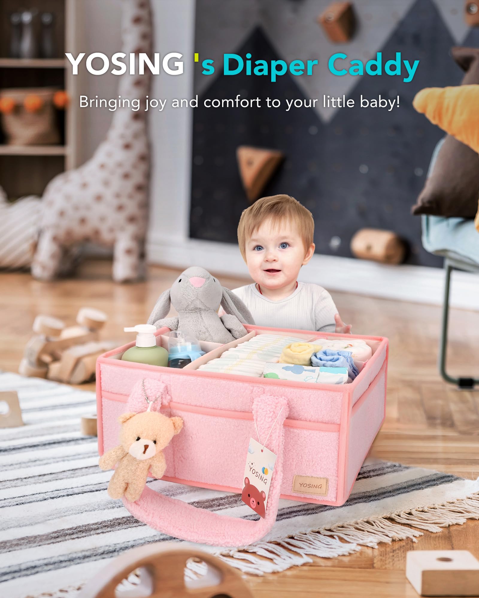 YOSING Diaper Caddy side pockets hold snacks, toys, or extra wipes for quick access.