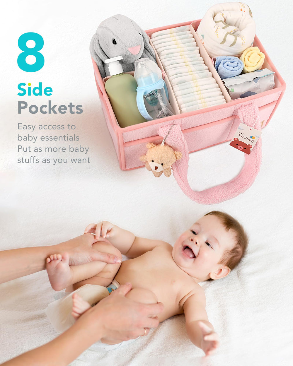 YOSING Diaper Caddy converts to a cozy toy box after diaper stage ends.