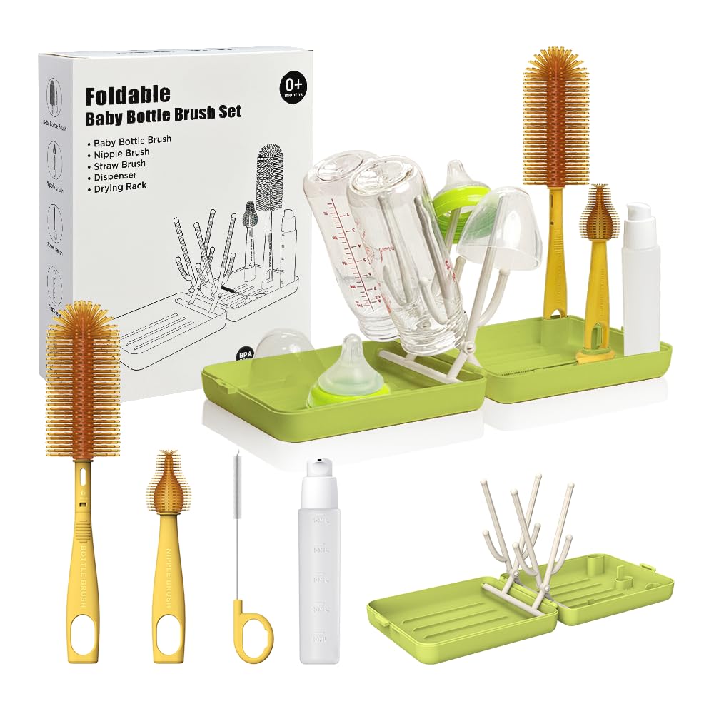 YOTIME travel bottle brush with foldable drying rack for on-the-go bottle cleaning.