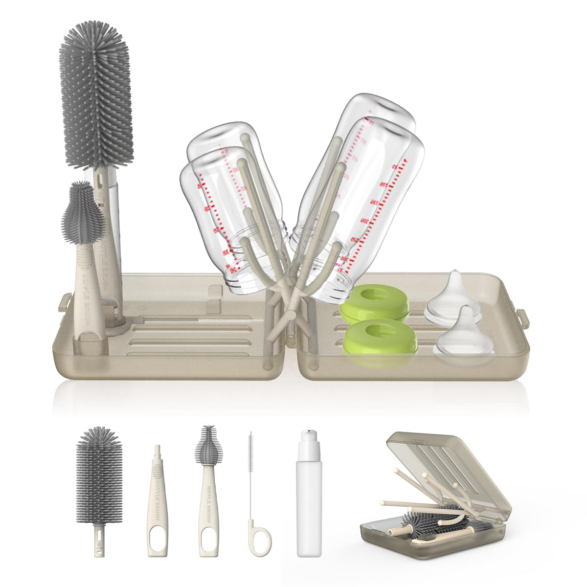 YOTIME travel bottle brush set folding drying rack keeps essentials organized on the go.