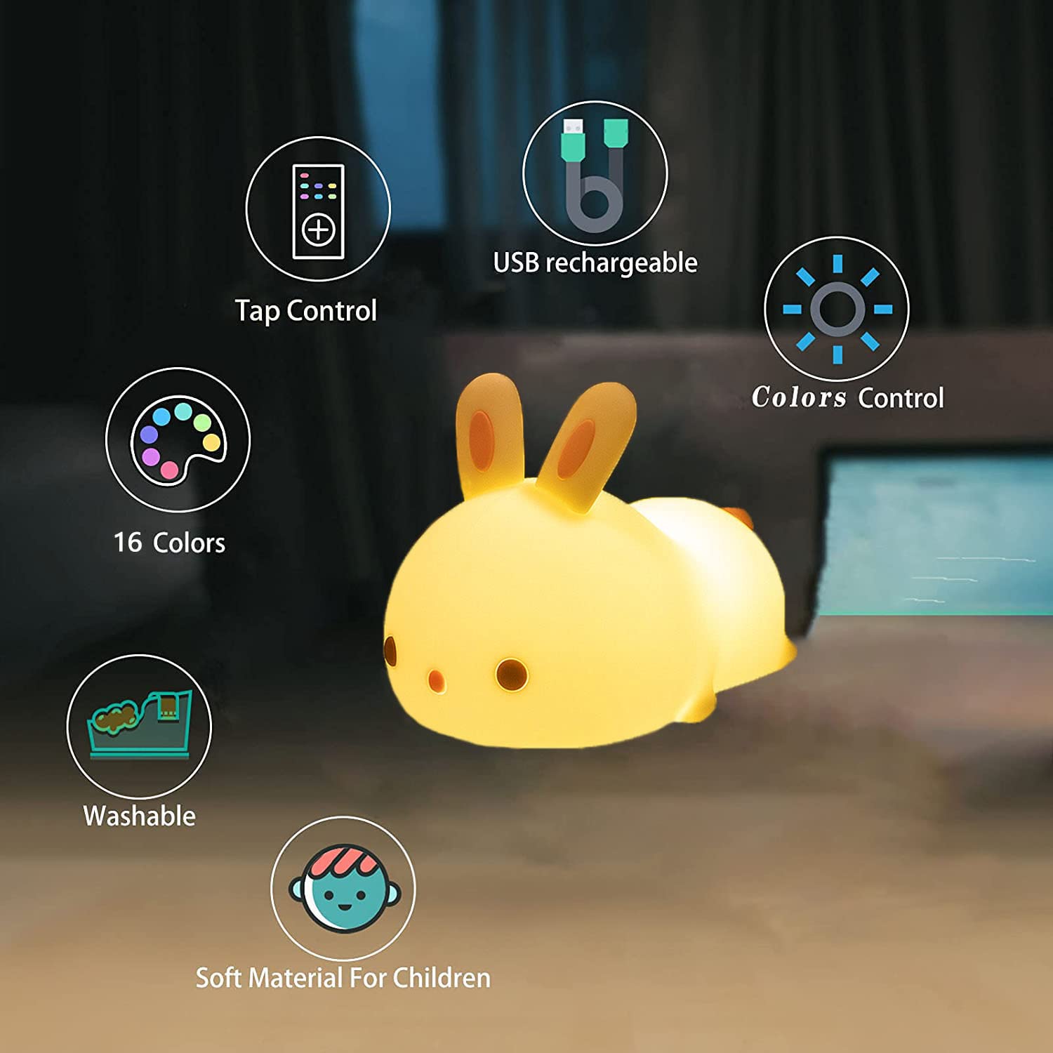 YOTOZU bunny night light showing 16 colors for playful mood options