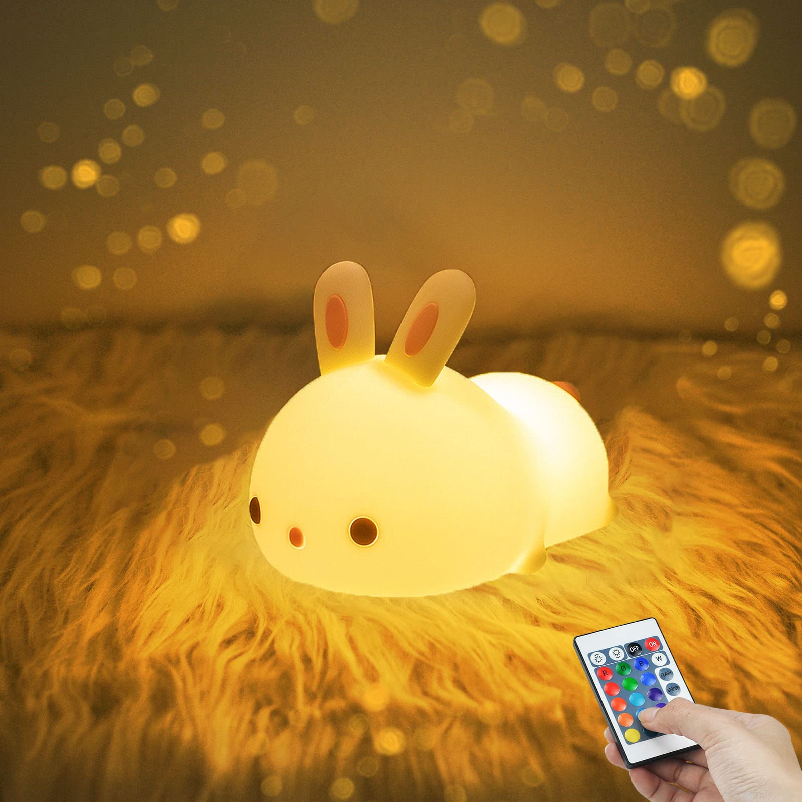 The YOTOZU Bunny Night Light demonstrates 16 color options for kids’ room ambiance.