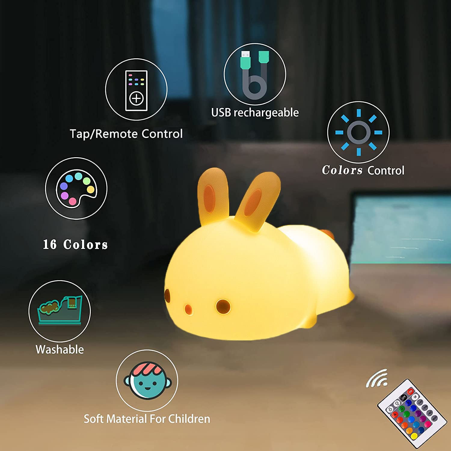 YOTOZU Bunny Night Light with remote control enables easy color changes from bed.