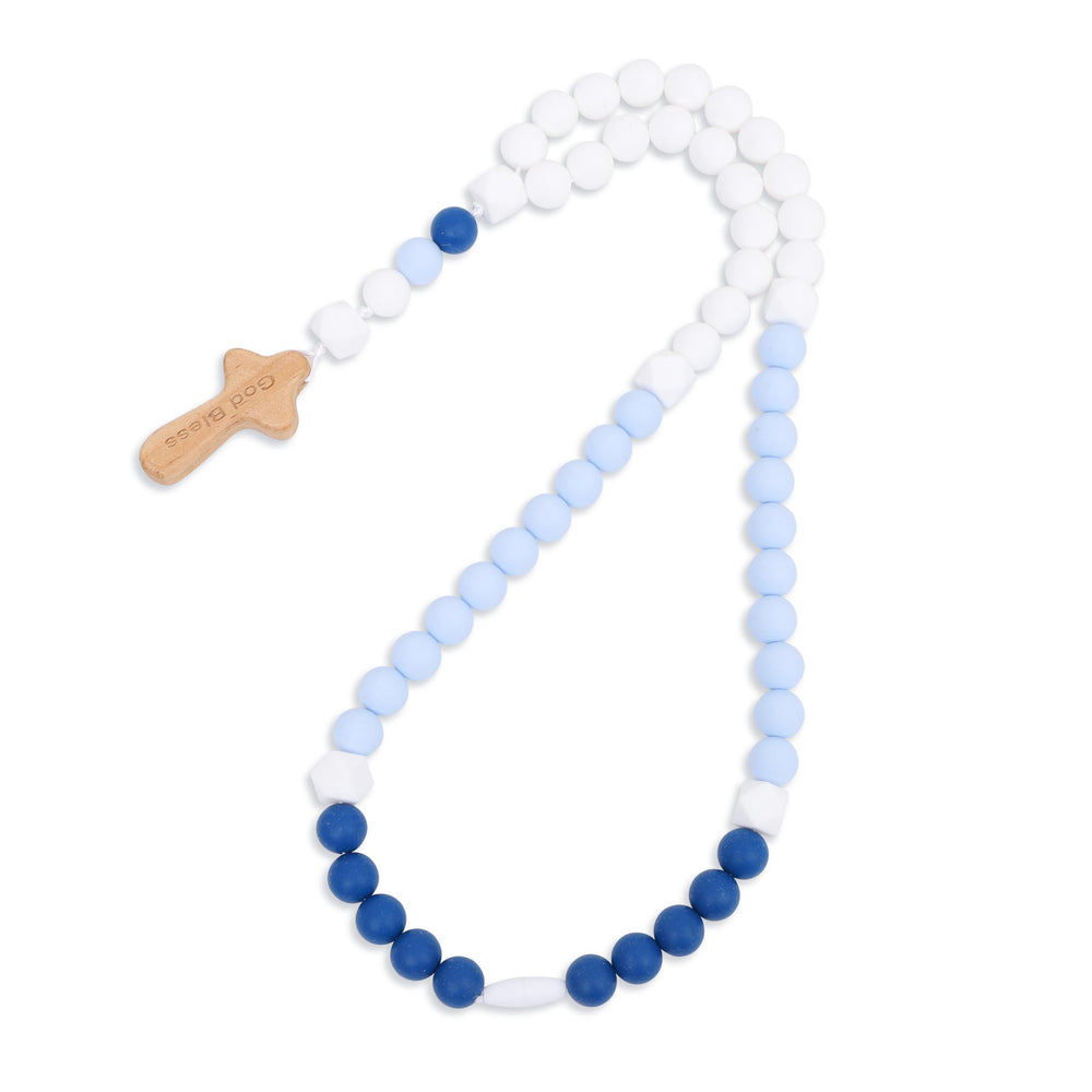 YOUAME Baptism Silicone Rosary blue beads show soft, easy-grip texture.