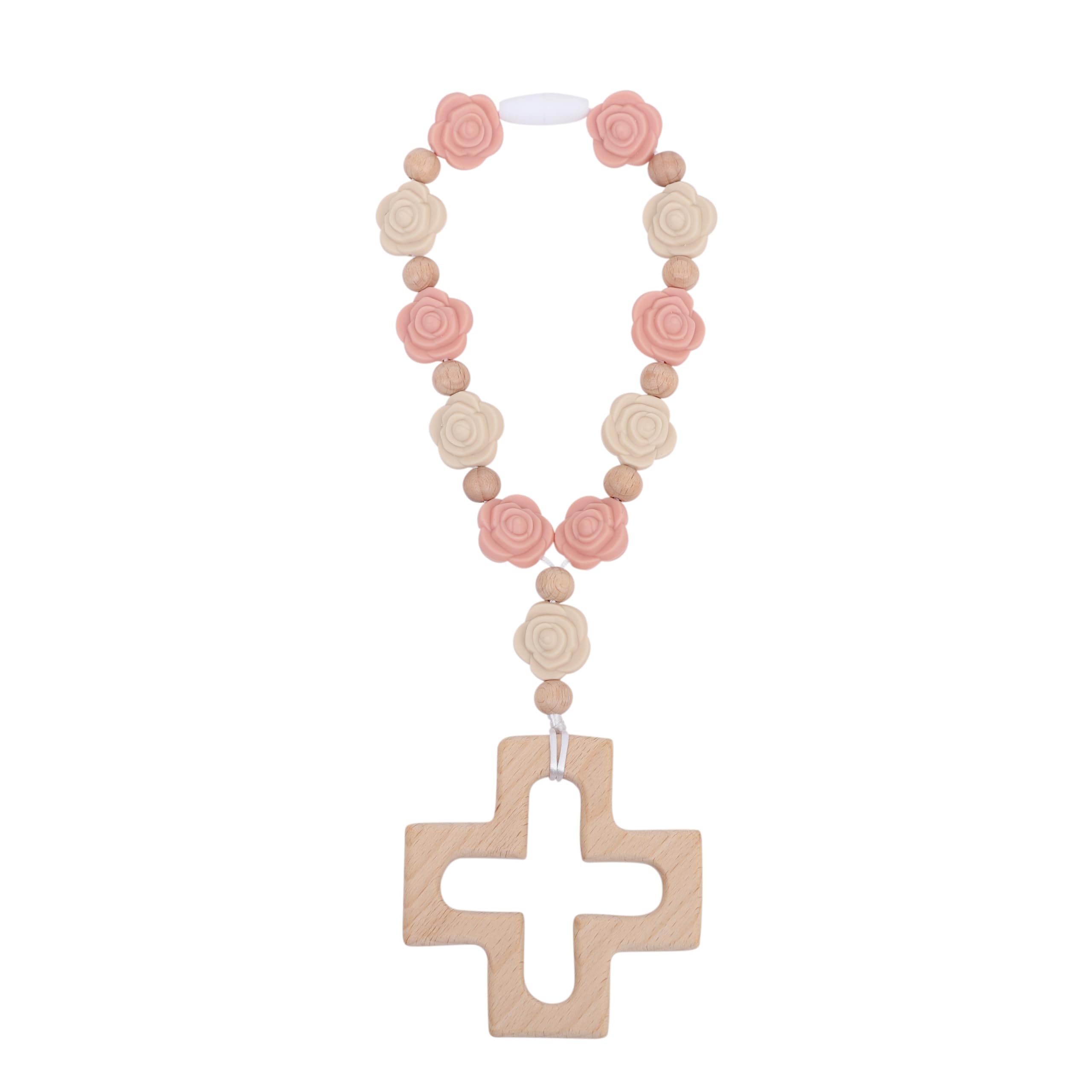 YOUAME Cross Baptism Silicone Rosary pale pink beads for baby shower keepsake.