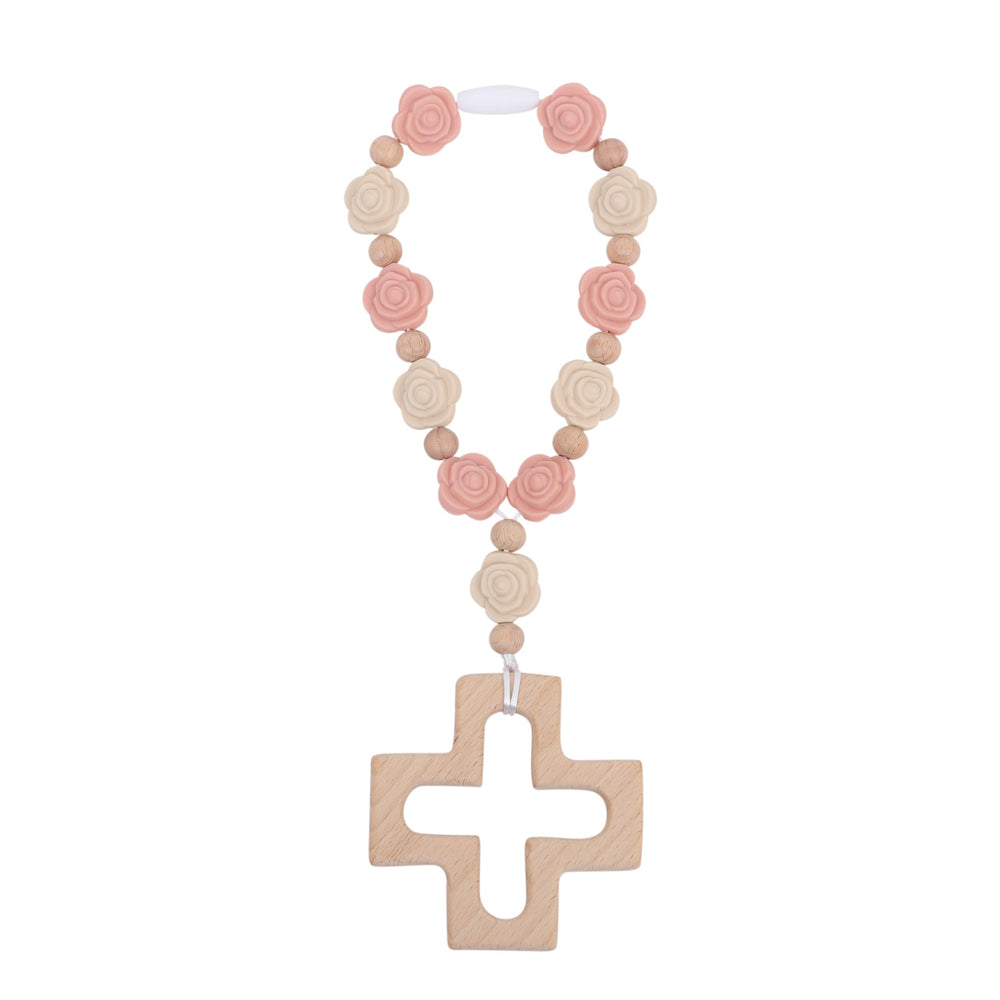 YOUAME Cross Baptism Silicone Rosary pale pink beads for baby shower keepsake.
