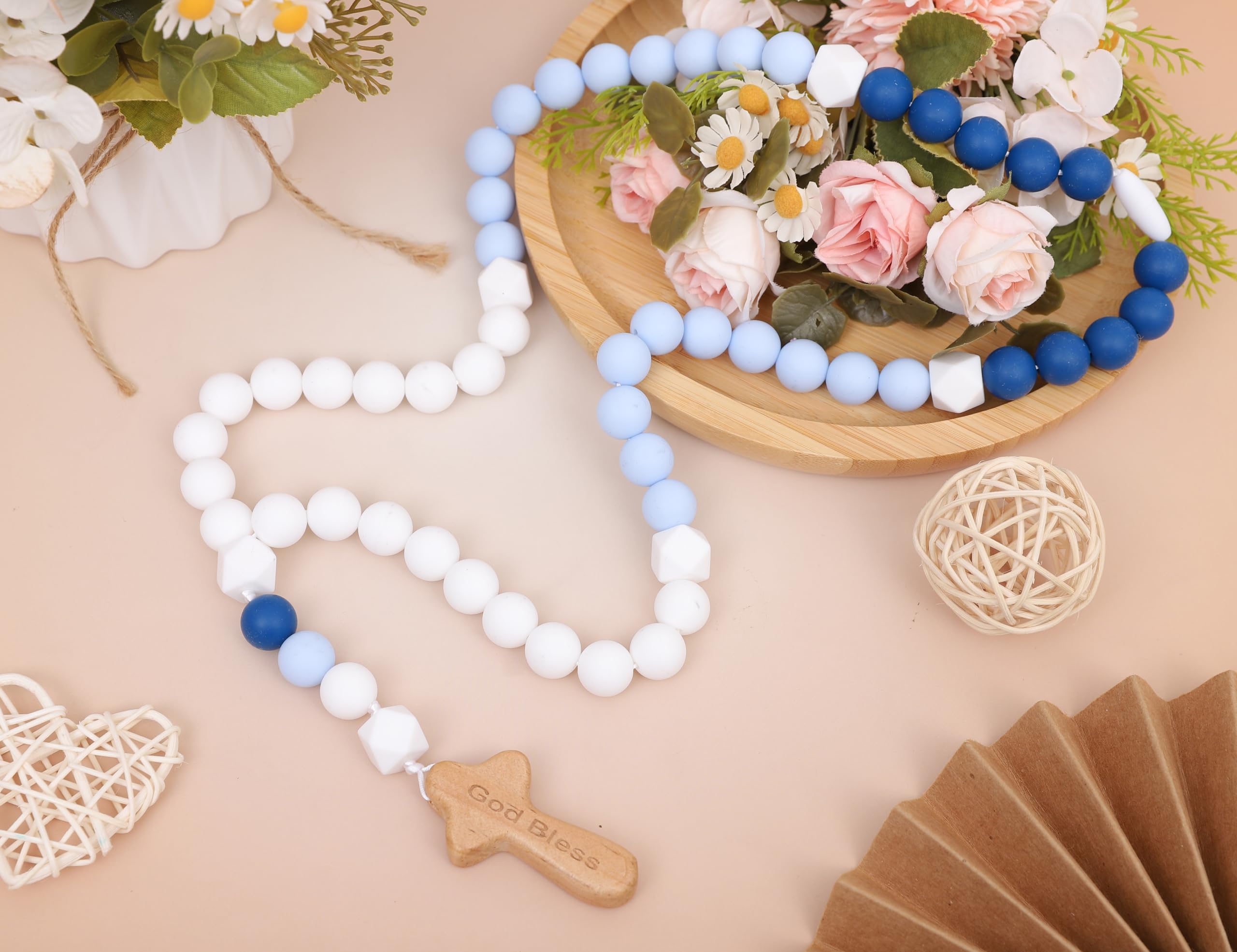 YOUAME Silicone rosary beads close-up emphasizes smooth texture and blue color.