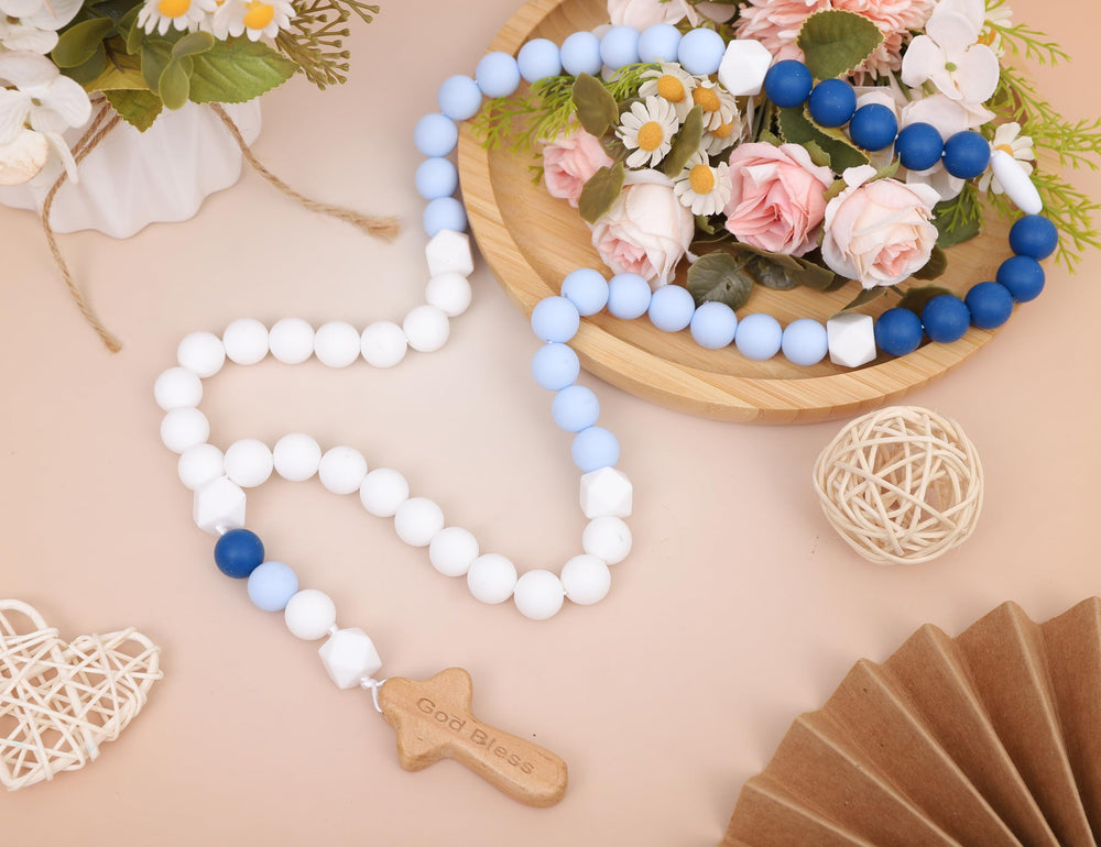 YOUAME Silicone rosary beads close-up emphasizes smooth texture and blue color.
