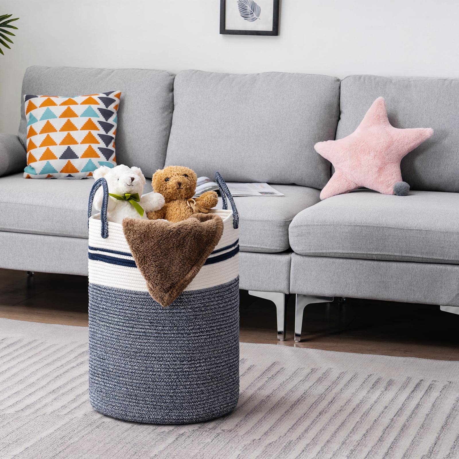 YOUDENOVA foldable storage laundry hamper blue illustrating space-saving design.