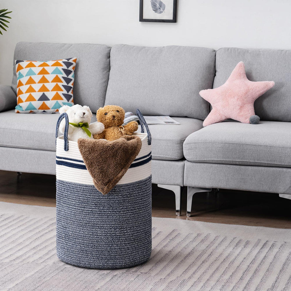 YOUDENOVA foldable storage laundry hamper blue illustrating space-saving design.