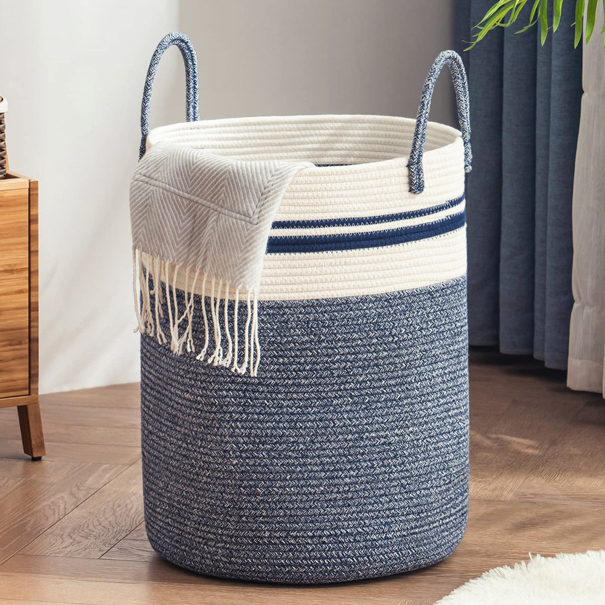 YOUDENOVA woven rope laundry hamper blue front view shows easy transport.