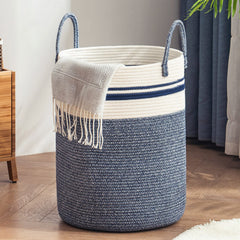 YOUDENOVA woven rope laundry hamper blue front view shows easy transport.
