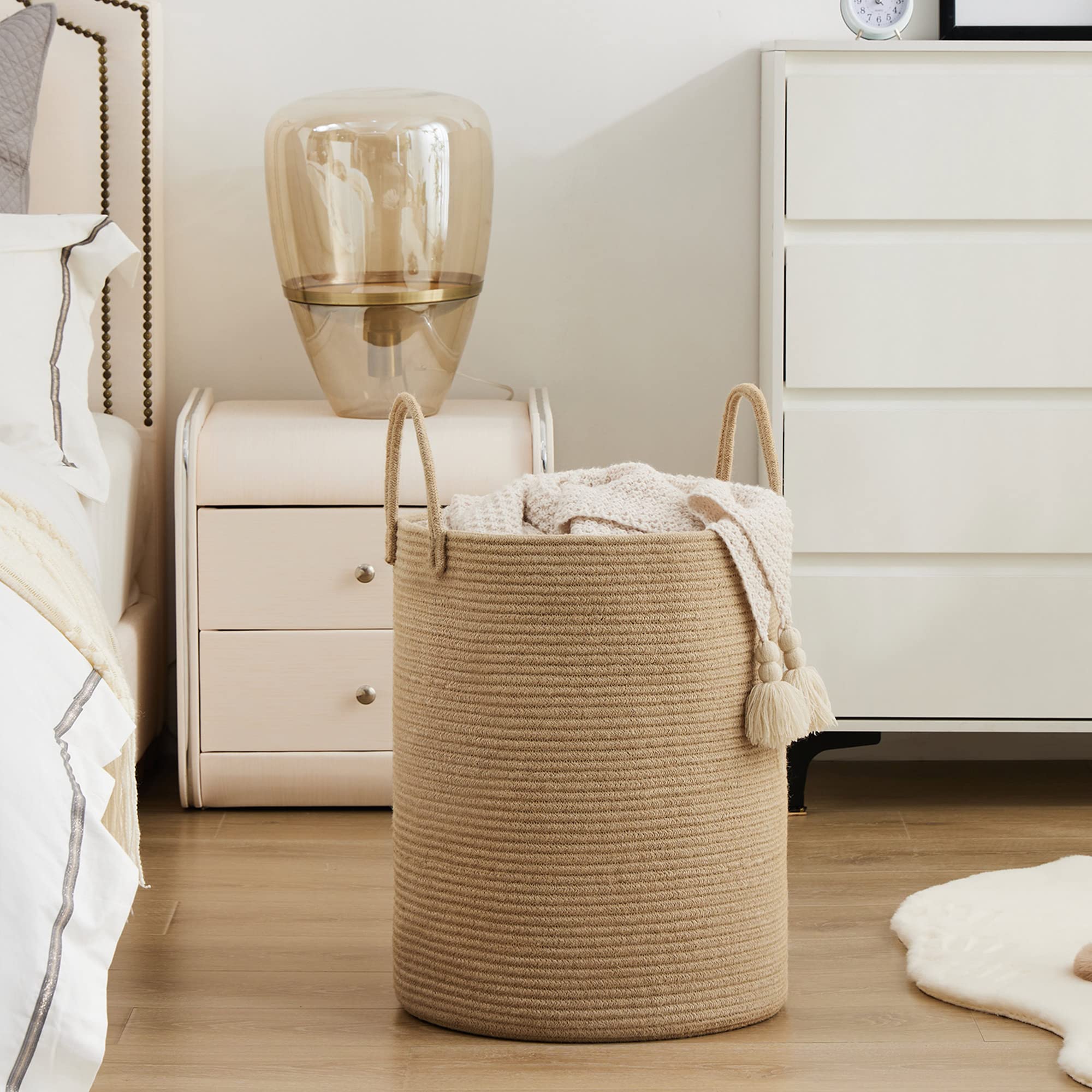 YOUDENOVA jute hamper folded storage demonstrates space-saving when not in use