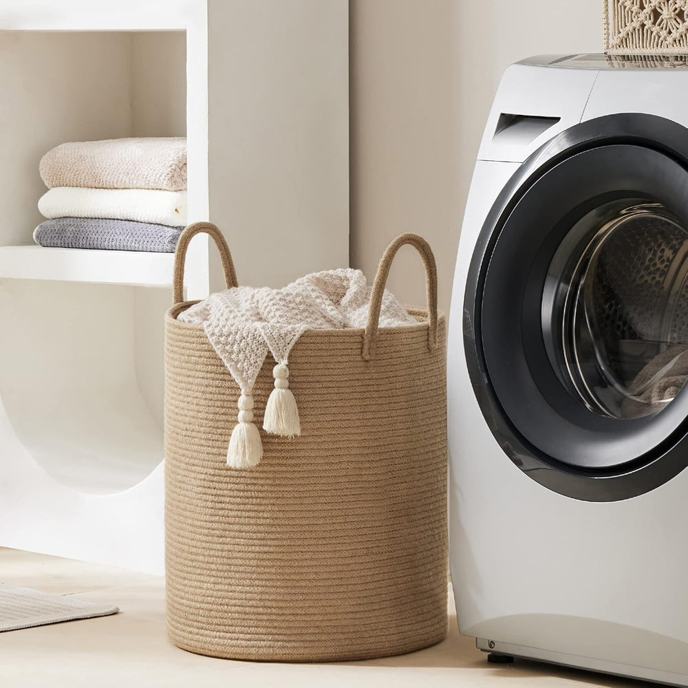 YOUDENOVA jute hamper nursery setup illustrates organized baby items and toys within reach